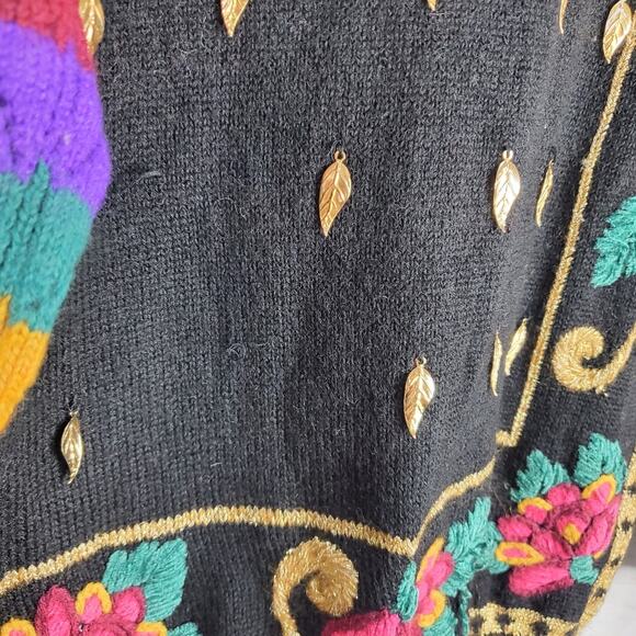 Vintage Carole Little Sweater Women Large Wool Black Rainbow Metallic Charms 90s - Picture 6 of 11